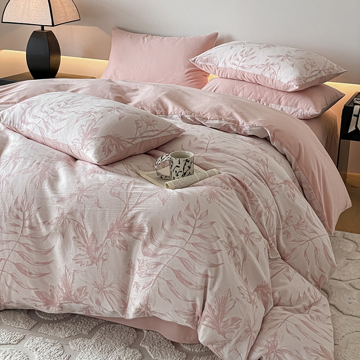 91家纺网 家纺一手货源 找家纺 小叮当家纺仓储工厂店 2025新款(买家秀 不断货)A类亲肤全棉纯棉色织大提花磨毛四件套床单床笠-花漾 花间入梦-粉