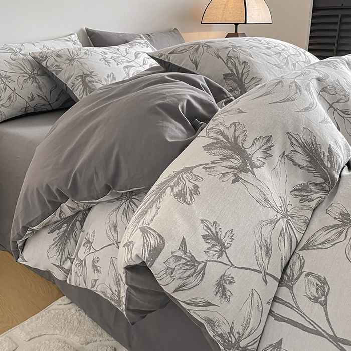 91家纺网 家纺一手货源 找家纺 小叮当家纺仓储工厂店 2025新款(买家秀 不断货)A类亲肤全棉纯棉色织大提花磨毛四件套床单床笠-花漾 花间入梦-灰