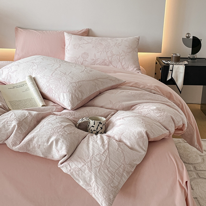 91家纺网 家纺一手货源 找家纺 小叮当家纺仓储工厂店 2025新款(买家秀 不断货)A类亲肤全棉纯棉色织大提花磨毛四件套床单床笠-花漾 山花烂漫-粉