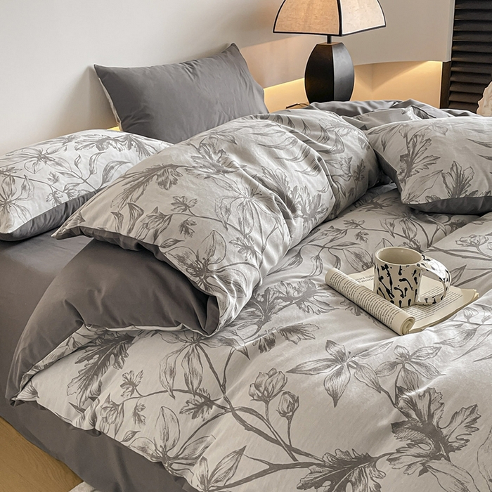 91家纺网 家纺一手货源 找家纺 小叮当家纺仓储工厂店 2025新款(买家秀 不断货)A类亲肤全棉纯棉色织大提花磨毛四件套床单床笠-花漾 花间入梦-灰