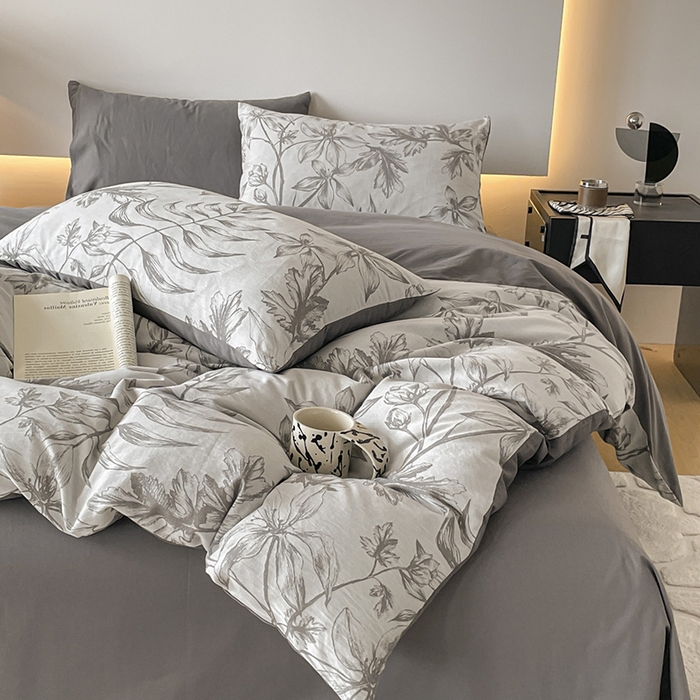 91家纺网 家纺一手货源 找家纺 小叮当家纺仓储工厂店 2025新款(买家秀 不断货)A类亲肤全棉纯棉色织大提花磨毛四件套床单床笠-花漾 花间入梦-灰