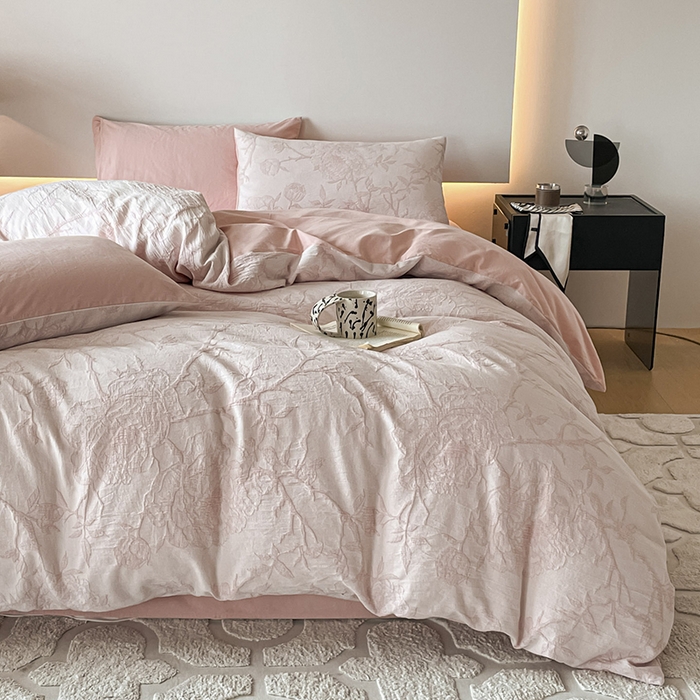 91家纺网 家纺一手货源 找家纺 小叮当家纺仓储工厂店 2025新款(买家秀 不断货)A类亲肤全棉纯棉色织大提花磨毛四件套床单床笠-花漾 山花烂漫-粉