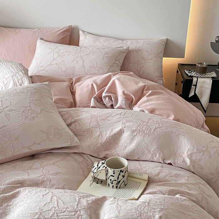 91家纺网 家纺一手货源 找家纺 小叮当家纺仓储工厂店 2025新款(买家秀 不断货)A类亲肤全棉纯棉色织大提花磨毛四件套床单床笠-花漾 山花烂漫-粉