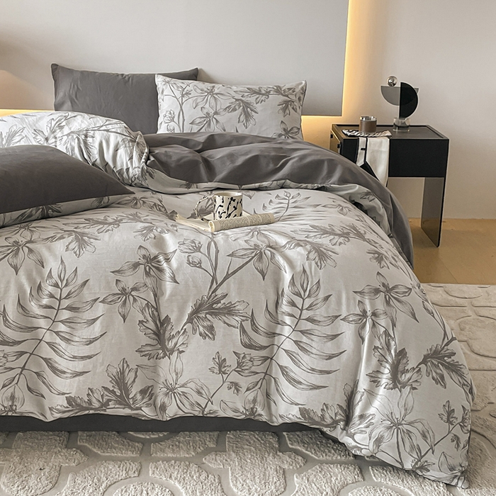 91家纺网 家纺一手货源 找家纺 小叮当家纺仓储工厂店 2025新款(买家秀 不断货)A类亲肤全棉纯棉色织大提花磨毛四件套床单床笠-花漾 花间入梦-灰