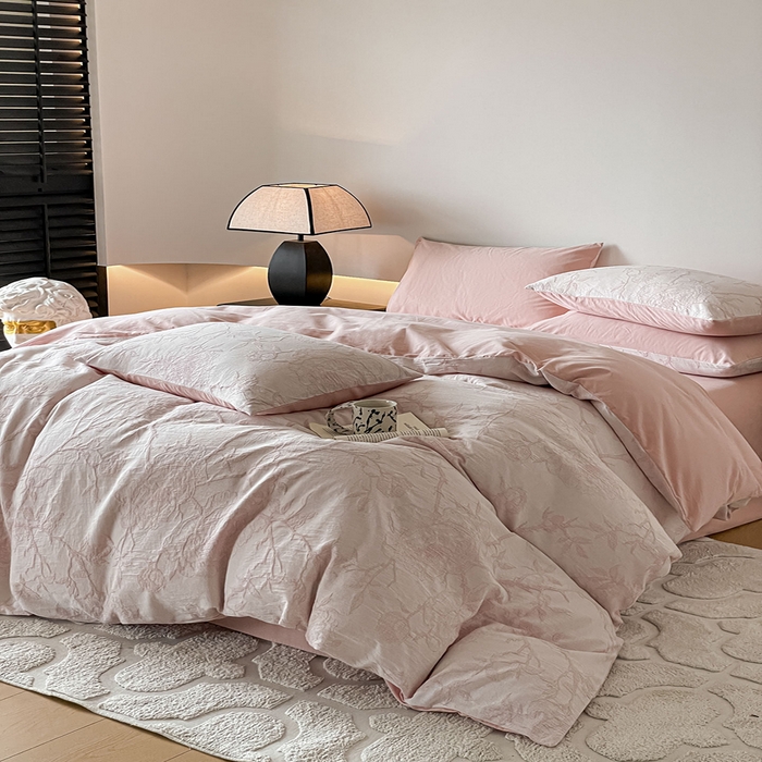 91家纺网 家纺一手货源 找家纺 小叮当家纺仓储工厂店 2025新款(买家秀 不断货)A类亲肤全棉纯棉色织大提花磨毛四件套床单床笠-花漾 山花烂漫-粉