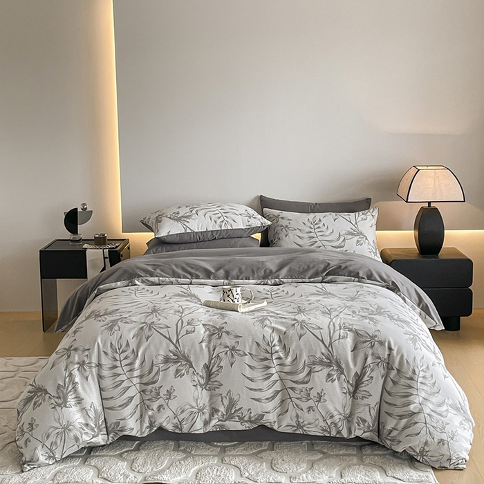 91家纺网 家纺一手货源 找家纺 小叮当家纺仓储工厂店 2025新款(买家秀 不断货)A类亲肤全棉纯棉色织大提花磨毛四件套床单床笠-花漾 花间入梦-灰