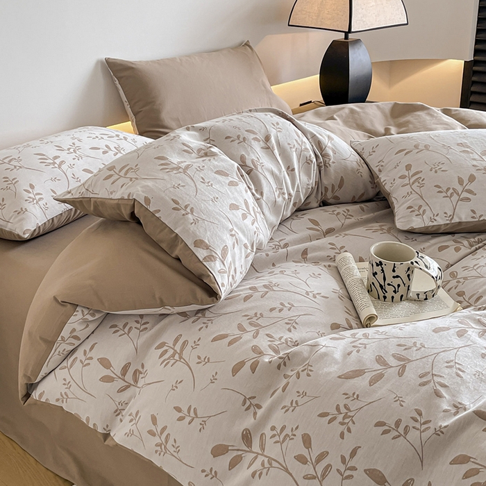 91家纺网 家纺一手货源 找家纺 小叮当家纺仓储工厂店 2025新款(买家秀 不断货)A类亲肤全棉纯棉色织大提花磨毛四件套床单床笠-花漾 浪漫满屋-咖