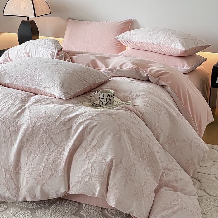 91家纺网 家纺一手货源 找家纺 小叮当家纺仓储工厂店 2025新款(买家秀 不断货)A类亲肤全棉纯棉色织大提花磨毛四件套床单床笠-花漾 山花烂漫-粉