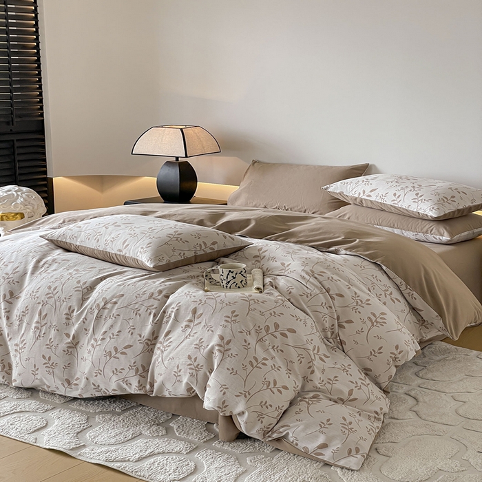 91家纺网 家纺一手货源 找家纺 小叮当家纺仓储工厂店 2025新款(买家秀 不断货)A类亲肤全棉纯棉色织大提花磨毛四件套床单床笠-花漾 浪漫满屋-咖