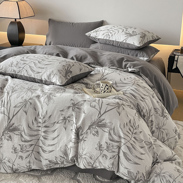 91家纺网 家纺一手货源 找家纺 小叮当家纺仓储工厂店 2025新款(买家秀 不断货)A类亲肤全棉纯棉色织大提花磨毛四件套床单床笠-花漾 花间入梦-灰