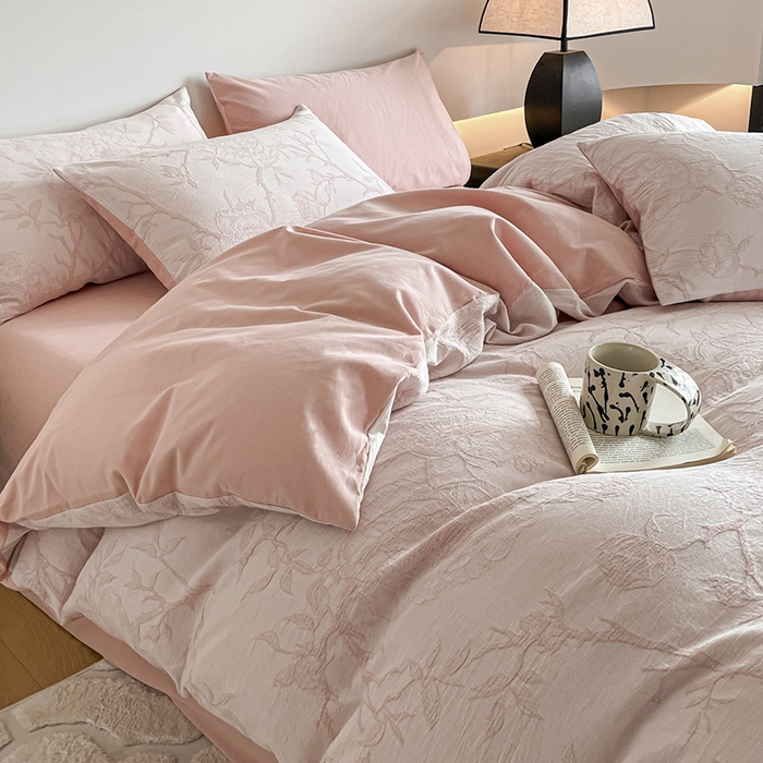 91家纺网 家纺一手货源 找家纺 小叮当家纺仓储工厂店 2025新款(买家秀 不断货)A类亲肤全棉纯棉色织大提花磨毛四件套床单床笠-花漾 山花烂漫-粉