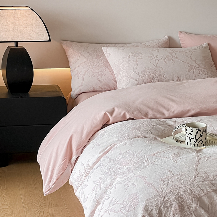 91家纺网 家纺一手货源 找家纺 小叮当家纺仓储工厂店 2025新款(买家秀 不断货)A类亲肤全棉纯棉色织大提花磨毛四件套床单床笠-花漾 山花烂漫-粉