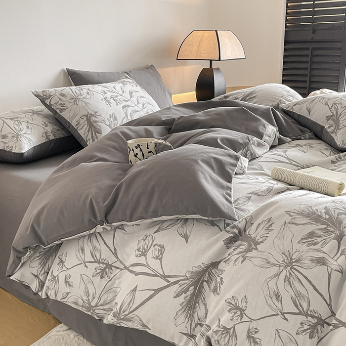 91家纺网 家纺一手货源 找家纺 小叮当家纺仓储工厂店 2025新款(买家秀 不断货)A类亲肤全棉纯棉色织大提花磨毛四件套床单床笠-花漾 花间入梦-灰