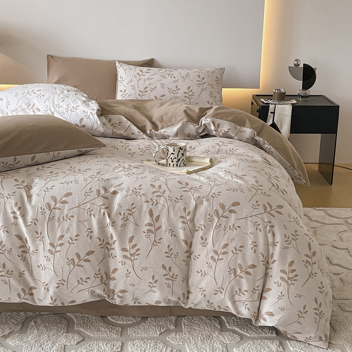 91家纺网 家纺一手货源 找家纺 小叮当家纺仓储工厂店 2025新款(买家秀 不断货)A类亲肤全棉纯棉色织大提花磨毛四件套床单床笠-花漾 浪漫满屋-咖