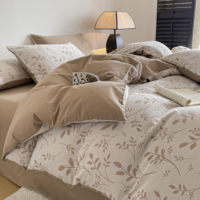 91家纺网 家纺一手货源 找家纺 小叮当家纺仓储工厂店 2025新款(买家秀 不断货)A类亲肤全棉纯棉色织大提花磨毛四件套床单床笠-花漾 浪漫满屋-咖