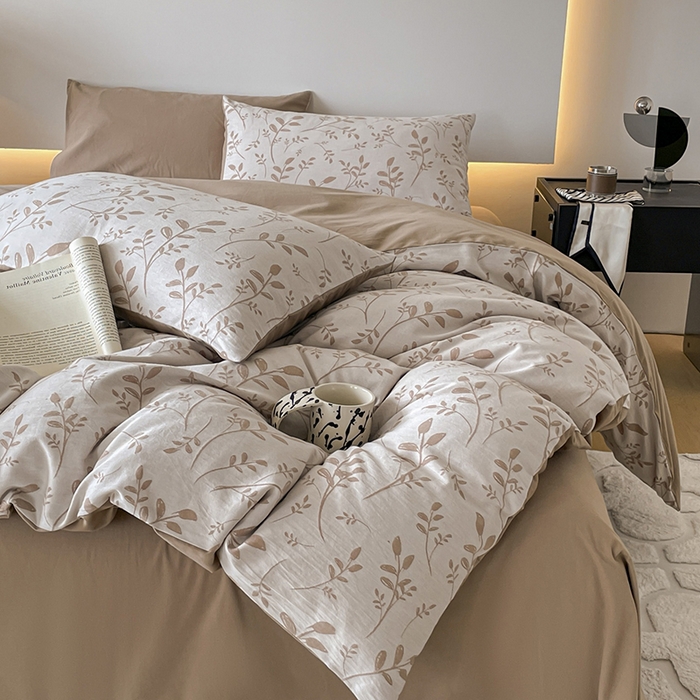 91家纺网 家纺一手货源 找家纺 小叮当家纺仓储工厂店 2025新款(买家秀 不断货)A类亲肤全棉纯棉色织大提花磨毛四件套床单床笠-花漾 浪漫满屋-咖