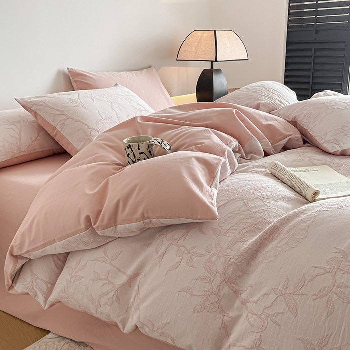 91家纺网 家纺一手货源 找家纺 小叮当家纺仓储工厂店 2025新款(买家秀 不断货)A类亲肤全棉纯棉色织大提花磨毛四件套床单床笠-花漾 山花烂漫-粉