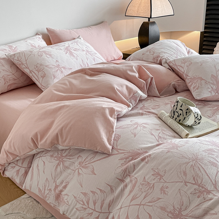 91家纺网 家纺一手货源 找家纺 小叮当家纺仓储工厂店 2025新款(买家秀 不断货)A类亲肤全棉纯棉色织大提花磨毛四件套床单床笠-花漾 花间入梦-粉