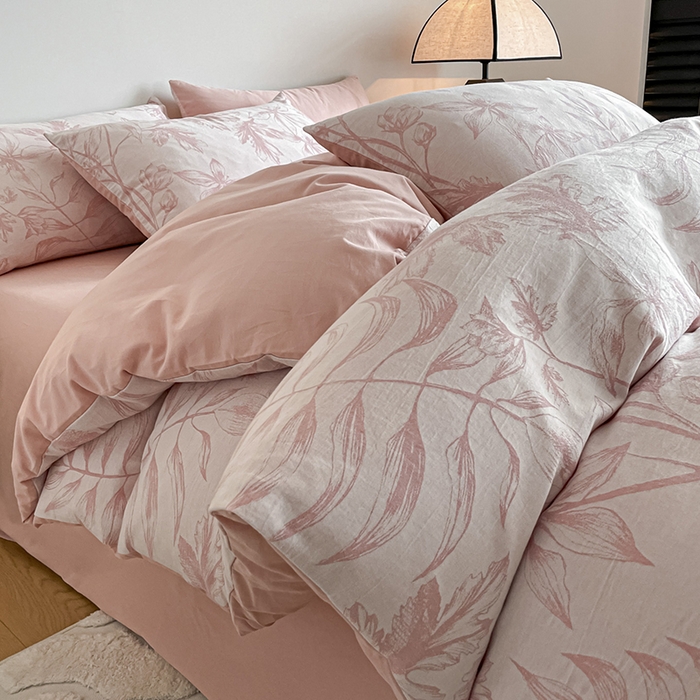 91家纺网 家纺一手货源 找家纺 小叮当家纺仓储工厂店 2025新款(买家秀 不断货)A类亲肤全棉纯棉色织大提花磨毛四件套床单床笠-花漾 花间入梦-粉