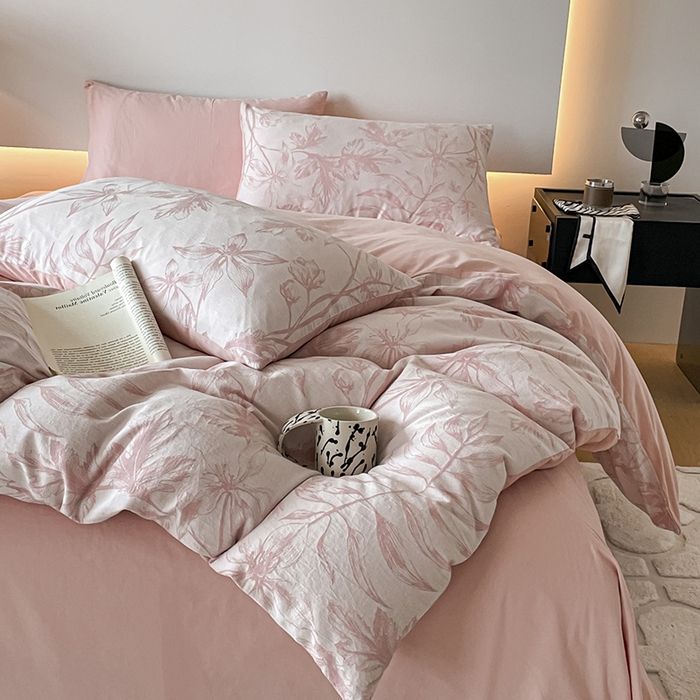 91家纺网 家纺一手货源 找家纺 小叮当家纺仓储工厂店 2025新款(买家秀 不断货)A类亲肤全棉纯棉色织大提花磨毛四件套床单床笠-花漾 花间入梦-粉