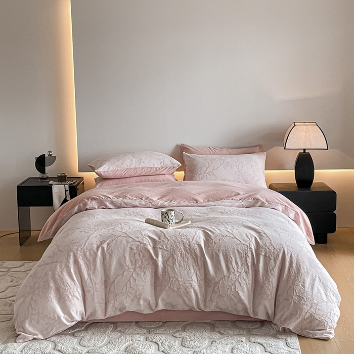 91家纺网 家纺一手货源 找家纺 小叮当家纺仓储工厂店 2025新款(买家秀 不断货)A类亲肤全棉纯棉色织大提花磨毛四件套床单床笠-花漾 山花烂漫-粉