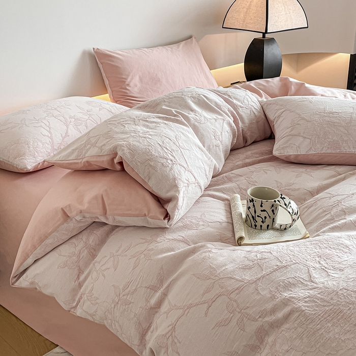 91家纺网 家纺一手货源 找家纺 小叮当家纺仓储工厂店 2025新款(买家秀 不断货)A类亲肤全棉纯棉色织大提花磨毛四件套床单床笠-花漾 山花烂漫-粉