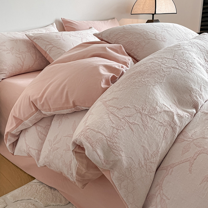 小叮当家纺仓储工厂店 2025新款(买家秀 不断货)A类亲肤全棉纯棉色织大提花磨毛四件套床单床笠-花漾 山花烂漫-粉