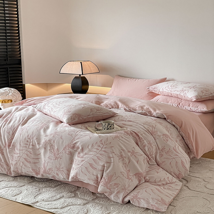 91家纺网 家纺一手货源 找家纺 小叮当家纺仓储工厂店 2025新款(买家秀 不断货)A类亲肤全棉纯棉色织大提花磨毛四件套床单床笠-花漾 花间入梦-粉