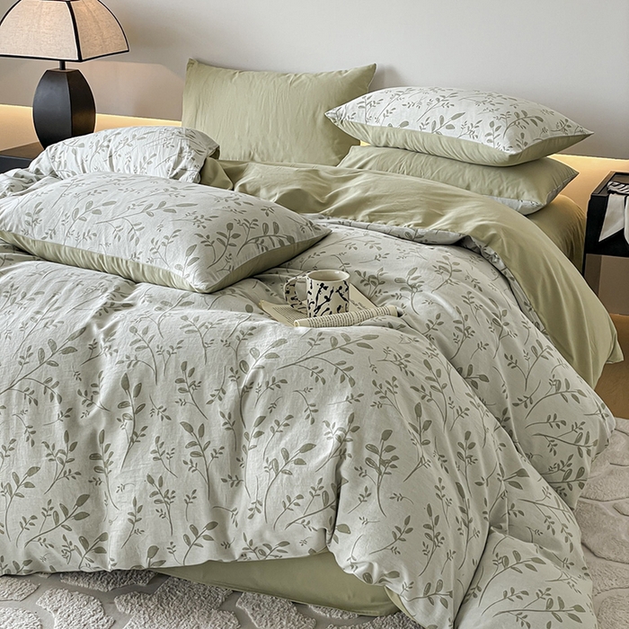 91家纺网 家纺一手货源 找家纺 小叮当家纺仓储工厂店 2025新款(买家秀 不断货)A类亲肤全棉纯棉色织大提花磨毛四件套床单床笠-花漾 浪漫满屋-绿