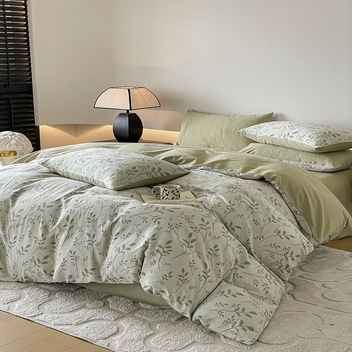 91家纺网 家纺一手货源 找家纺 小叮当家纺仓储工厂店 2025新款(买家秀 不断货)A类亲肤全棉纯棉色织大提花磨毛四件套床单床笠-花漾 浪漫满屋-绿