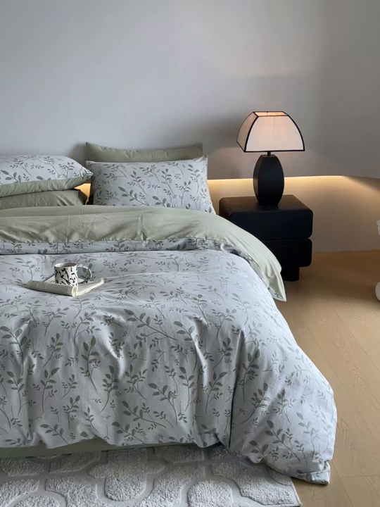 91家纺网 家纺一手货源 找家纺 小叮当家纺仓储工厂店 2025新款(买家秀 不断货)A类亲肤全棉纯棉色织大提花磨毛四件套床单床笠-花漾 浪漫满屋-绿