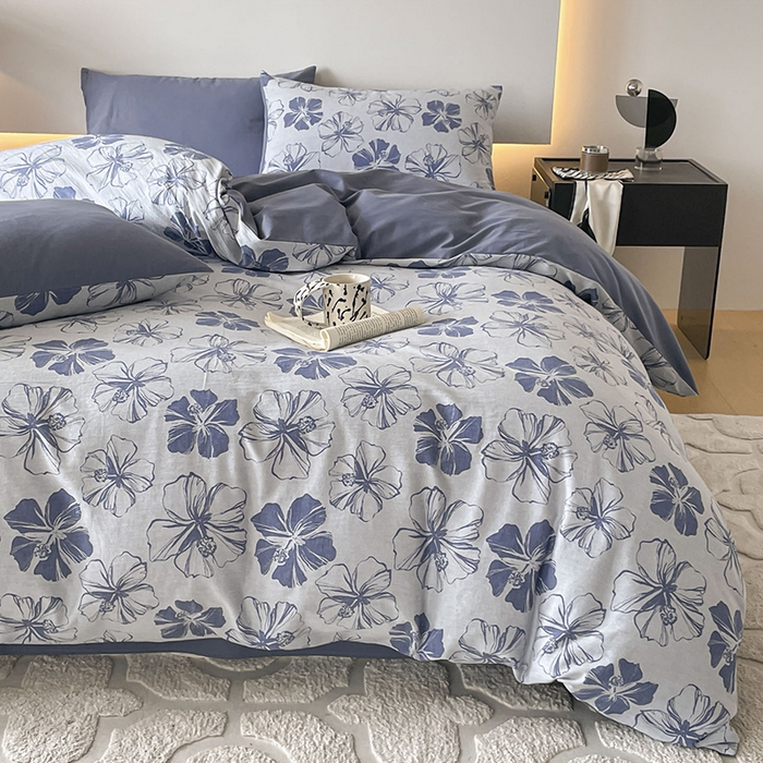 91家纺网 家纺一手货源 找家纺 小叮当家纺仓储工厂店 2025新款(买家秀 不断货)A类亲肤全棉纯棉色织大提花磨毛四件套床单床笠-花漾 繁花寄语-蓝