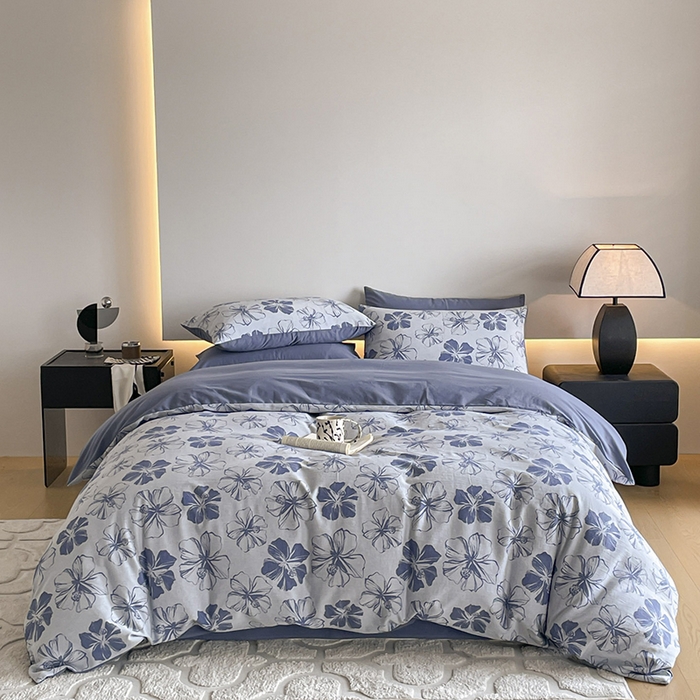 91家纺网 家纺一手货源 找家纺 小叮当家纺仓储工厂店 2025新款(买家秀 不断货)A类亲肤全棉纯棉色织大提花磨毛四件套床单床笠-花漾 繁花寄语-蓝