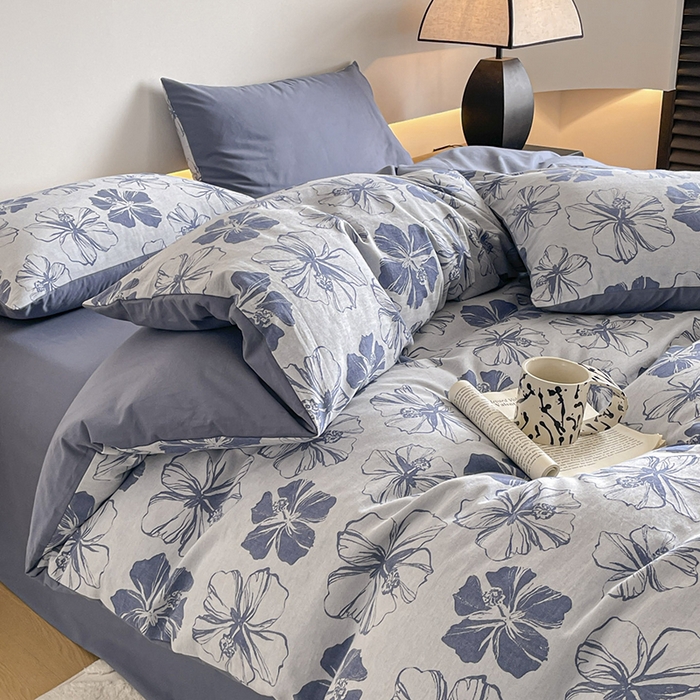 91家纺网 家纺一手货源 找家纺 小叮当家纺仓储工厂店 2025新款(买家秀 不断货)A类亲肤全棉纯棉色织大提花磨毛四件套床单床笠-花漾 繁花寄语-蓝