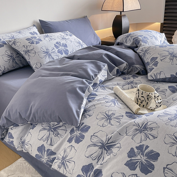 91家纺网 家纺一手货源 找家纺 小叮当家纺仓储工厂店 2025新款(买家秀 不断货)A类亲肤全棉纯棉色织大提花磨毛四件套床单床笠-花漾 繁花寄语-蓝