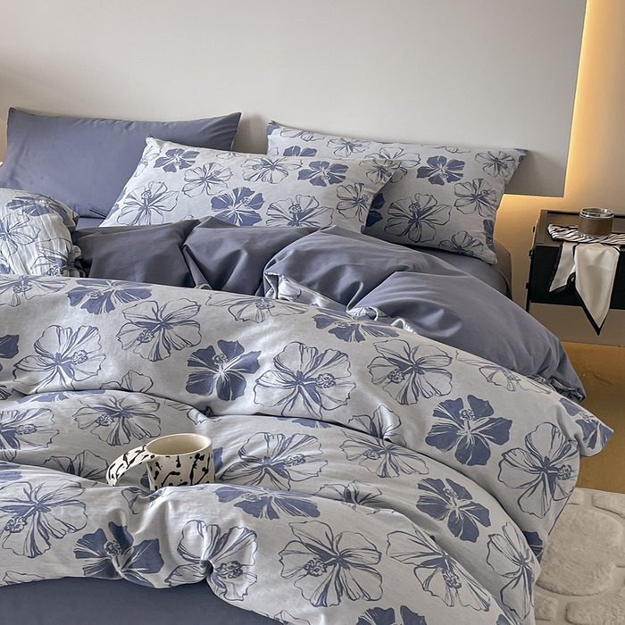 91家纺网 家纺一手货源 找家纺 小叮当家纺仓储工厂店 2025新款(买家秀 不断货)A类亲肤全棉纯棉色织大提花磨毛四件套床单床笠-花漾 繁花寄语-蓝