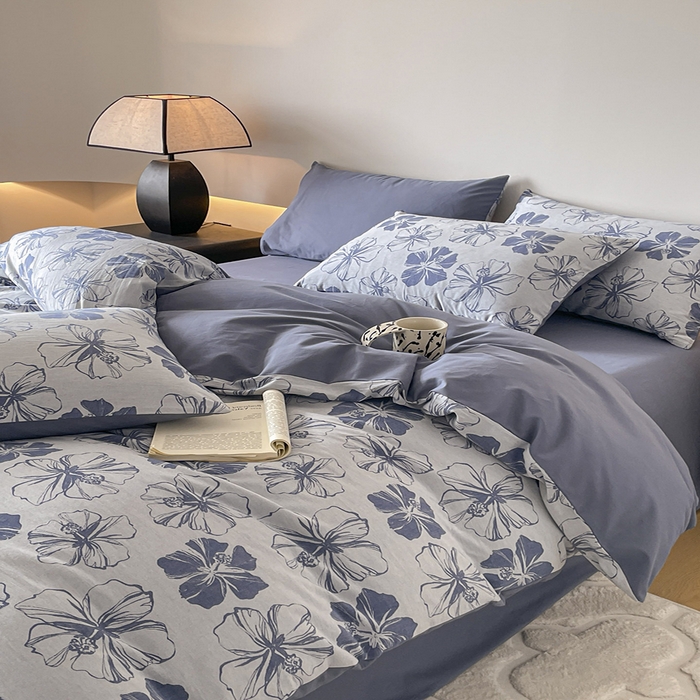 91家纺网 家纺一手货源 找家纺 小叮当家纺仓储工厂店 2025新款(买家秀 不断货)A类亲肤全棉纯棉色织大提花磨毛四件套床单床笠-花漾 繁花寄语-蓝