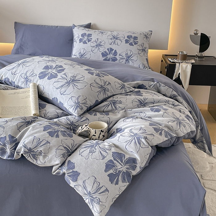 91家纺网 家纺一手货源 找家纺 小叮当家纺仓储工厂店 2025新款(买家秀 不断货)A类亲肤全棉纯棉色织大提花磨毛四件套床单床笠-花漾 繁花寄语-蓝