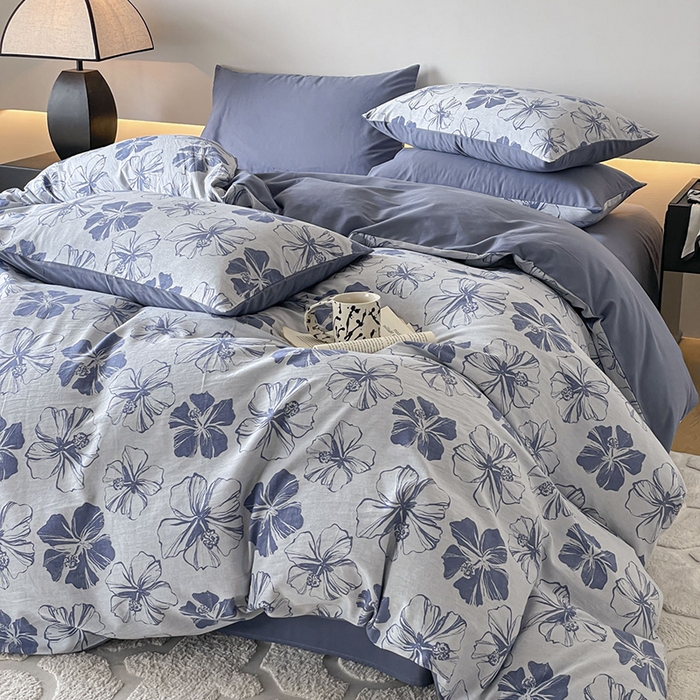 91家纺网 家纺一手货源 找家纺 小叮当家纺仓储工厂店 2025新款(买家秀 不断货)A类亲肤全棉纯棉色织大提花磨毛四件套床单床笠-花漾 繁花寄语-蓝