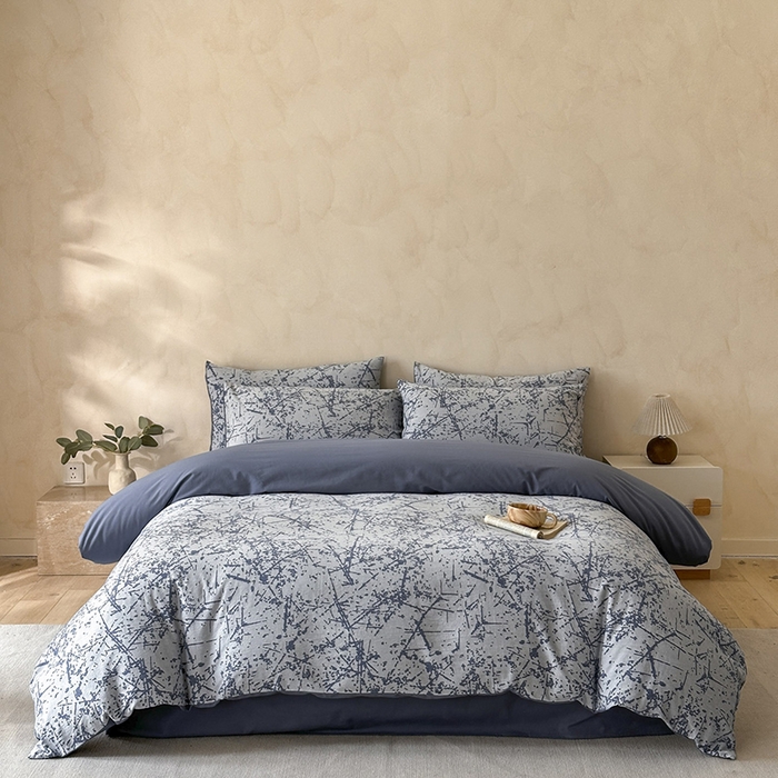 91家纺网 家纺一手货源 找家纺 小叮当家纺仓储工厂店 2025新款(买家秀 不断货)亲肤A类母婴级全棉纯棉三层纱色织提花磨毛四件套素影 素影-烟花-蓝