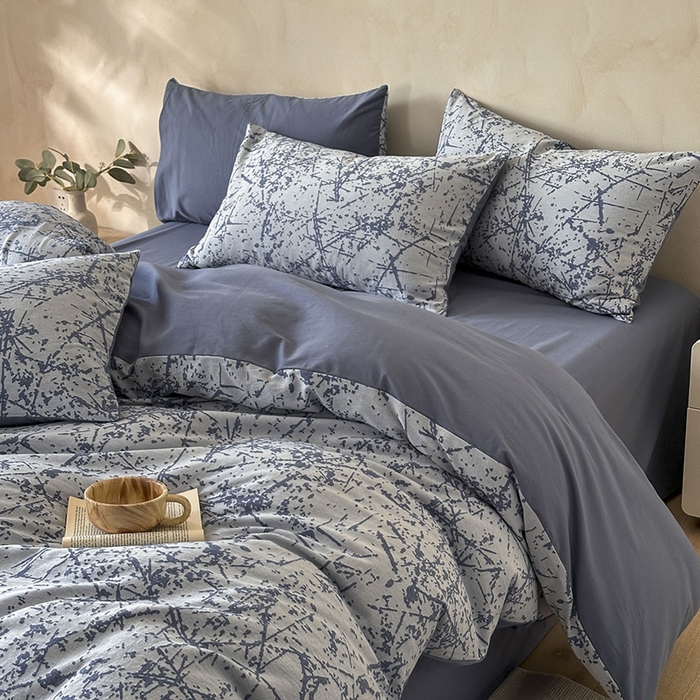 91家纺网 家纺一手货源 找家纺 小叮当家纺仓储工厂店 2025新款(买家秀 不断货)亲肤A类母婴级全棉纯棉三层纱色织提花磨毛四件套素影 素影-烟花-蓝