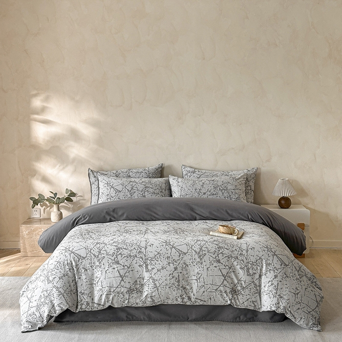 91家纺网 家纺一手货源 找家纺 小叮当家纺仓储工厂店 2025新款(买家秀 不断货)亲肤A类母婴级全棉纯棉三层纱色织提花磨毛四件套素影 素影-烟花-灰