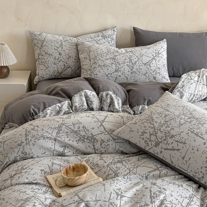 91家纺网 家纺一手货源 找家纺 小叮当家纺仓储工厂店 2025新款(买家秀 不断货)亲肤A类母婴级全棉纯棉三层纱色织提花磨毛四件套素影 素影-烟花-灰