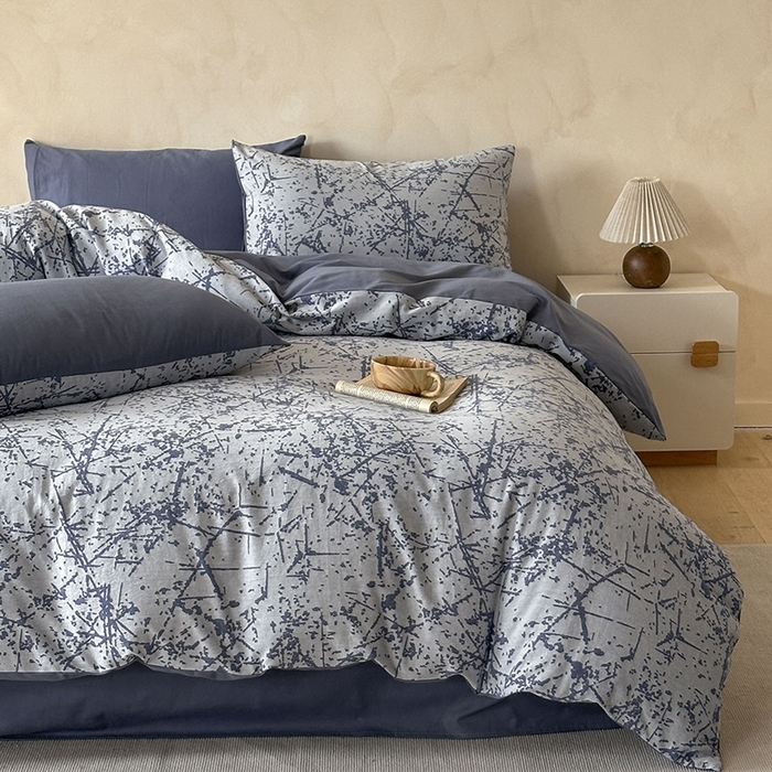 91家纺网 家纺一手货源 找家纺 小叮当家纺仓储工厂店 2025新款(买家秀 不断货)亲肤A类母婴级全棉纯棉三层纱色织提花磨毛四件套素影 素影-烟花-蓝