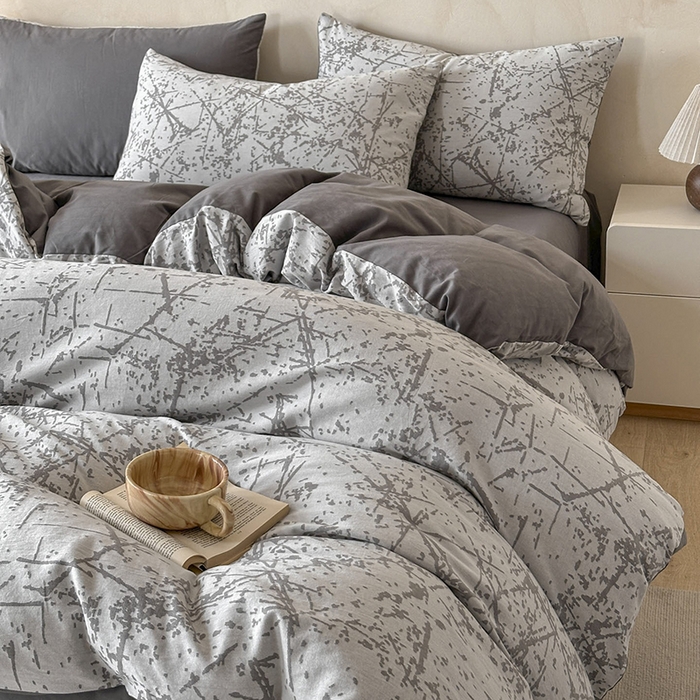 91家纺网 家纺一手货源 找家纺 小叮当家纺仓储工厂店 2025新款(买家秀 不断货)亲肤A类母婴级全棉纯棉三层纱色织提花磨毛四件套素影 素影-烟花-灰