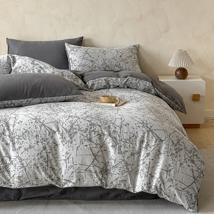 91家纺网 家纺一手货源 找家纺 小叮当家纺仓储工厂店 2025新款(买家秀 不断货)亲肤A类母婴级全棉纯棉三层纱色织提花磨毛四件套素影 素影-烟花-灰