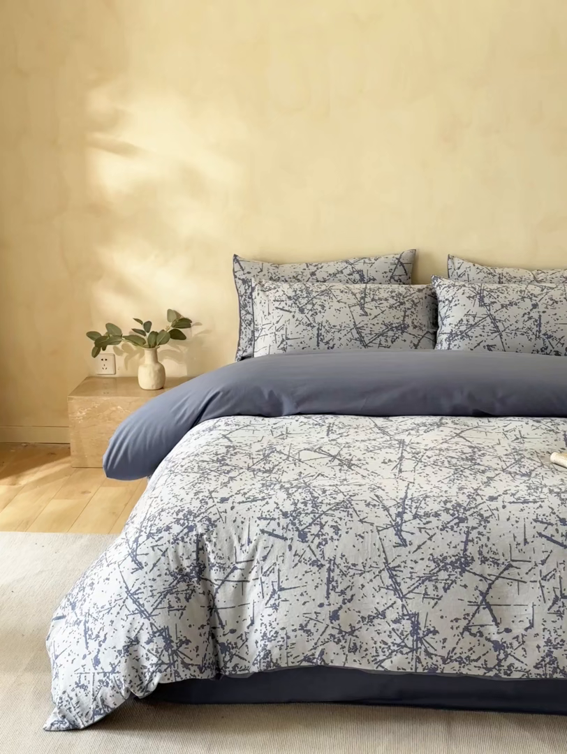 91家纺网 家纺一手货源 找家纺 小叮当家纺仓储工厂店 2025新款(买家秀 不断货)亲肤A类母婴级全棉纯棉三层纱色织提花磨毛四件套素影 素影-烟花-蓝