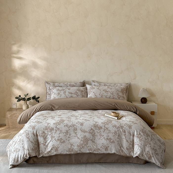 91家纺网 家纺一手货源 找家纺 小叮当家纺仓储工厂店 2025新款(买家秀 不断货)亲肤A类母婴级全棉纯棉三层纱色织提花磨毛四件套素影 素影-静谧-咖