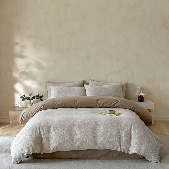 91家纺网 家纺一手货源 找家纺 小叮当家纺仓储工厂店 2025新款(买家秀 不断货)亲肤A类母婴级全棉纯棉三层纱色织提花磨毛四件套素影 素影-本色-米咖