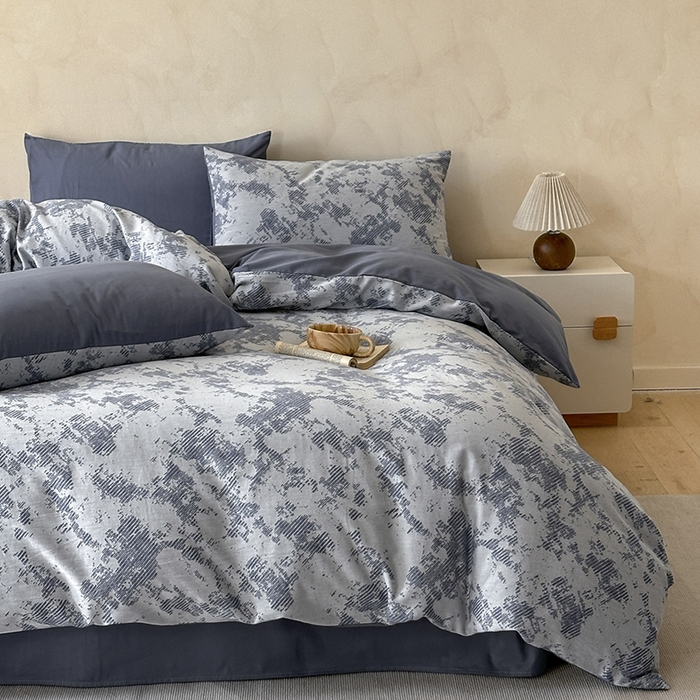 小叮当家纺仓储工厂店 2025新款(买家秀 不断货)亲肤A类母婴级全棉纯棉三层纱色织提花磨毛四件套素影 素影-静谧-蓝